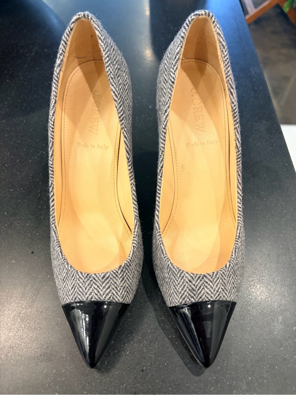 J. Crew Gray Herringbone Pumps with Black Patent Pointed Toe